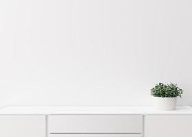 Empty white wall. Mock up interior in contemporary style. Close up view. Free space, copy space for your picture, text, or another design. Sideboard, plant. 3D rendering. photo