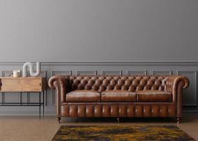 Empty gray wall in modern living room. Mock up interior in contemporary style. Free space, copy space for your picture, text, or another design. Brown leather sofa, parquet floor. 3D rendering.