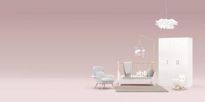 Banner with modern child room furniture and copy space for your advertisement text or logo. Furniture store, interior details. Furnishings sale, interior project. Template with free space. 3d render. photo