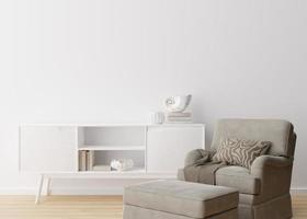 Empty white wall in modern living room. Mock up interior in contemporary, scandinavian style. Free, copy space for picture, poster, text, or another design. Armchair, console, sculpture. 3D rendering. photo