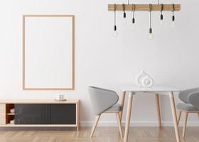 Empty vertical picture frame on white wall in modern living room. Mock up interior in minimalist, scandinavian style. Free space for picture. Console, table, chairs, lamp, vases. 3D rendering. photo