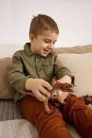 Little and cute caucasian boy playing with dinosaurs at home. Interior and clothes in natural earth colors. Cozy environment. Child having fun with toys. photo