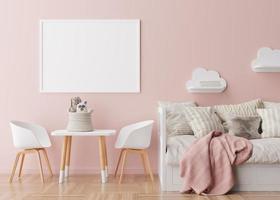 Empty horizontal picture frame on pink wall in modern child room. Mock up interior in scandinavian style. Free, copy space for your picture. Bed, table, chairs, toys. Cozy room for kids. 3D rendering. photo