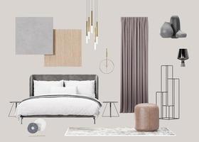 Interior design moodboard with isolated modern bedroom furniture, home accessories, materials. Furniture store, indoor details. Interior project. Contemporary style, mood board, collage. 3d rendering. photo