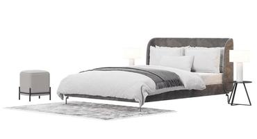 Double bed with carpet, pouf and lamps on white background, isolated. Side view. Gray and white bedding. Modern interior design element. Bedroom furniture. Cut out. 3D rendering. photo