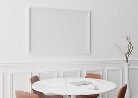Empty picture frame on white wall in modern dining room. Mock up interior in classic style. Free space, copy space for your picture, text, or another design. Table, chairs, vase. 3D rendering. photo