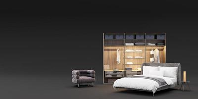 Banner with modern bedroom furniture and copy space for your advertisement text or logo. Furniture store, interior details. Furnishings sale. Interior project. Template with free space. 3d rendering. photo