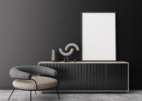 marco de imagen vertical vacío en la pared negra en la sala de estar moderna. maqueta interior en estilo contemporáneo. espacio libre para imagen, póster. consola, sillón. representación 3d foto