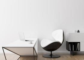 Empty white wall in modern room. Mock up interior in contemporary style. Free, copy space for picture, poster, text, or another design. Console, desk, chair, books, laptop. 3D rendering. photo