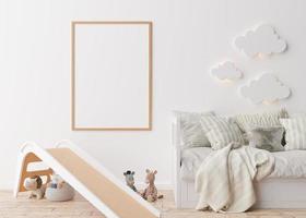 Empty vertical picture frame on white wall in modern child room. Mock up interior in scandinavian style. Free, copy space for your picture. Bed, slide, toys. Cozy room for kids. 3D rendering. photo