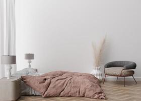 Empty white wall in modern and cozy bedroom. Mock up interior in contemporary style. Free space, copy space for your picture, text, or another design. Bed, lamps, parquet, pampas grass. 3D rendering. photo