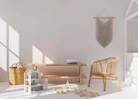 Empty white wall in modern child room. Mock up interior in scandinavian, boho style. Copy space for your picture or poster. Console, rattan armchair, toys, macrame. Cozy room for kids. 3D rendering. photo