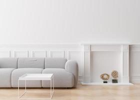 Empty white wall in modern living room. Mock up interior in contemporary style. Free, copy space for picture, poster, text, or another design. Sofa, table, sculptures. 3D rendering. photo