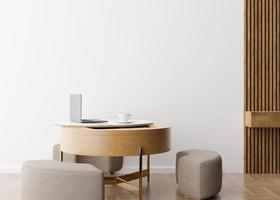 Empty white wall in modern room. Mock up interior in minimalist, contemporary style. Free space, copy space for your picture, text, or another design. Table, cup with coffee, laptop. 3D rendering. photo