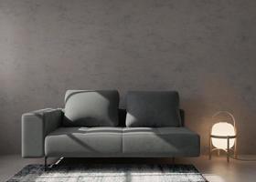 Empty concrete wall in modern living room. Mock up interior in minimalist, contemporary style. Free space, copy space for your picture, text, or another design. Gray sofa, lamp, carpet. 3D rendering. photo