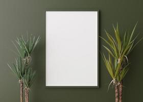 Empty vertical picture frame on green wall. Free, copy space for picture, poster. Template for your design. Plants. 3D rendering. photo