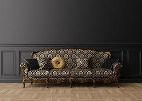 Empty black wall in classic living room. Mock up interior. Free space, copy space for your picture, text, or another design. Beautiful antique, vintage sofa, brown parquet floor. 3D rendering. photo