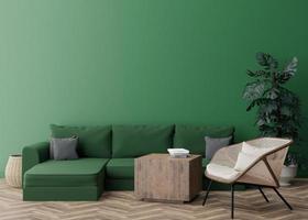 Empty green wall in modern living room. Mock up interior in contemporary style. Free space, copy space for your picture or poster. Rattan armchair, sofa, monstera plant. 3D rendering. photo