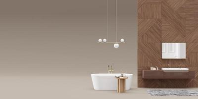 Banner with modern bathroom furniture, sanitary ware and copy space for your advertisement text or logo. Furniture, sanitary ware store, interior details. Sale. Bathroom interior project. 3d rendering photo
