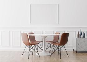 Empty picture frame on white wall in modern dining room. Mock up interior in classic style. Free space, copy space for your picture, text, or another design. Table, chairs, parquet floor. 3D rendering photo
