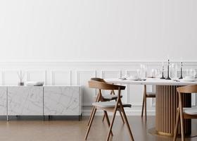 Empty white wall in modern dining room. Mock up interior in contemporary style. Free space, copy space for your picture, text, or another design. Dining table with chairs, parquet floor. 3D rendering.