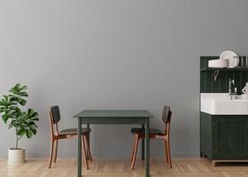 Empty gray wall in modern kitchen. Mock up interior in minimalist, contemporary style. Free space, copy space for your picture, text, or another design. Table, chairs, plant. 3D rendering. photo