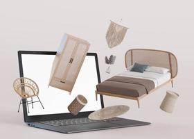 Laptop with flying boho style rattan furniture. Shopping online. Furniture shop, interior details. Furnishings sale, interior project. Buy sofa, table, chair via internet. E-commerce. 3d rendering. photo