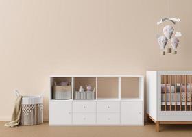 pared crema vacía en la habitación infantil moderna. maqueta interior en estilo contemporáneo. espacio libre, copie el espacio para su imagen, póster. cama, consola, juguetes. habitación acogedora para niños. representación 3d foto