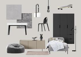 Interior design moodboard with isolated modern teenager room furniture, home accessories, materials. Furniture store, details. Interior project. Contemporary style, mood board, collage. 3d render. photo