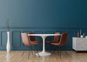 Empty blue wall in modern dining room. Mock up interior in classic style. Free space, copy space for your picture, text, or another design. Dinig table with brown chairs, parquet floor. 3D rendering. photo