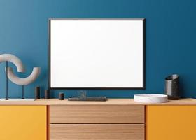 Empty horizontal picture frame on blue wall in modern living room. Mock up interior in minimalist, contemporary style. Free space for your picture, poster. Yellow console. 3D rendering. Close up view. photo