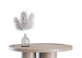 Modern, wooden table with pampas grass isolated on white background. Front view. Cut out furniture. Contemporary interior design element. Copy space for your object, product presentation. 3D render. photo