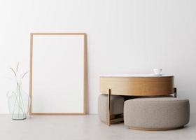 Empty vertical picture frame on white wall in modern living room. Mock up interior in minimalist, scandinavian style. Free space for picture. Wooden table, dried grass in glass vase. 3D rendering. photo