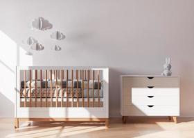 Empty white wall in modern child room. Mock up interior in contemporary style. Free space, copy space for your picture, text, or another design. Baby bed, console. Cozy room for kids. 3D rendering. photo