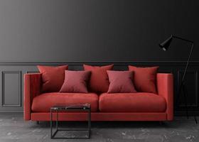 Empty black wall in modern living room. Mock up interior in classic style. Free space, copy space for your picture, text, or another design. Red sofa, marble coffee table, lamp. 3D rendering. photo