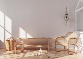 Empty white wall in modern child room. Mock up interior in scandinavian, boho style. Copy space for your picture or poster. Console, rattan armchair, toys, macrame. Cozy room for kids. 3D rendering. photo