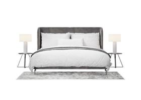 Double bed with carpet and lamps on white background, isolated. Front view. Gray and white bedding. Modern interior design element. Bedroom furniture. Cut out. 3D rendering. photo