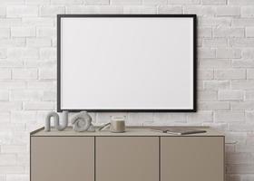 Empty horizontal picture frame on white brick wall in modern living room. Mock up interior in minimalist, contemporary style. Free space for your picture, poster. Console, sculptures. 3D rendering. photo