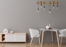 Empty gray wall in modern living room. Mock up interior in contemporary, scandinavian style. Free, copy space for picture, poster, text, or another design. Console, table, chairs, lamp. 3D rendering. photo