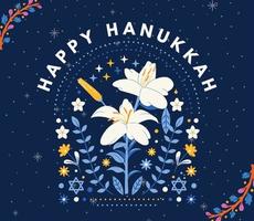 Happy Hanukkah Shining Background with Menorah, David Star, and Bokeh Effect. Navy Floral Happy Hanukkah. vector