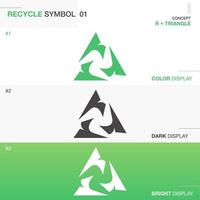 Recycle logo with R letter loop. Triangle shape symbol with arrows. Design for products package in color, dark and bright style. Vector illustration