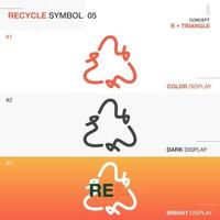 Recycle logo with R letter loop. Triangle shape symbol with arrows. Design for products package in color, dark and bright style. Vector illustration