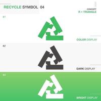 Recycle logo with R letter loop. Triangle shape symbol with arrows. Design for products package in color, dark and bright style. Vector illustration