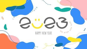 2023 Happy New Year with smiley face design. Hand drawn new year background. Holiday Vector Illustration.