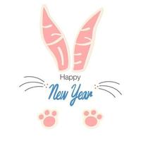 conjunto de diseño de moda de año nuevo con tipografía. 2023 feliz año nuevo con cara de vector de saludo de conejito. orejas y patas de conejo. conejo de Pascua