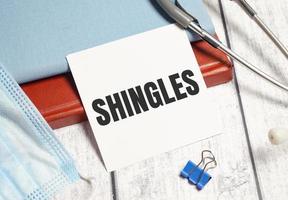 word shingles on white card with stethoscope and blue protective mask photo