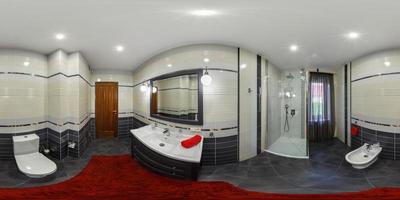 panorama hdri 360 sin fisuras en el interior de un baño caro en modernos apartamentos planos con bidé y lavabo en proyección equirectangular con cenit y nadir. contenido vr ar foto