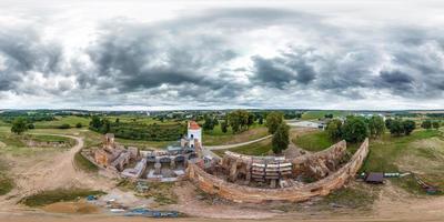 aerial view full hdri seamless spherical 360 panorama over old abandoned medieval castle in equirectangular projection ready for virtual reality VR AR photo