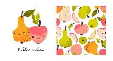 Apples and pears pattern . Postcard with text Hello, cutie. Vector background with sliced pieces and ripe fruit. Baby print. Ideal for printing on fabric, packaging and cover design