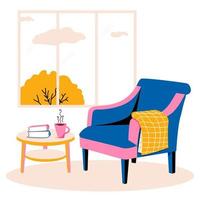 Armchair, plaid, coffee table, window. Cozy home hygge interior. Vector illustration